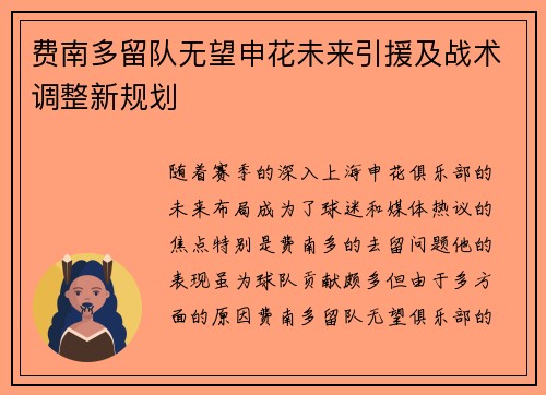 费南多留队无望申花未来引援及战术调整新规划